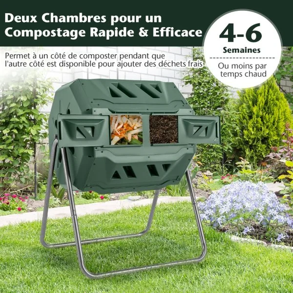 Composteur 160 L à Double Chambre Bac à Compost Cadre en Métal Rotatif 360° avec 2 Portes Coulissantes Trous Aération sans BPA Vert