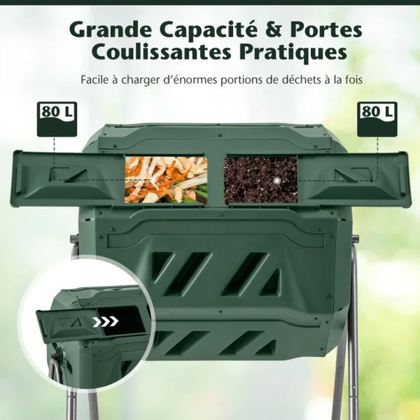 Composteur 160 L à Double Chambre Bac à Compost Cadre en Métal Rotatif 360° avec 2 Portes Coulissantes Trous Aération sans BPA Vert