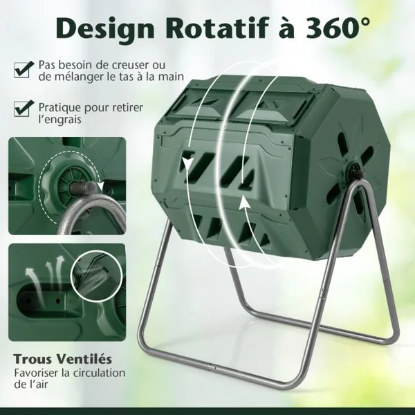 Composteur 160 L à Double Chambre Bac à Compost Cadre en Métal Rotatif 360° avec 2 Portes Coulissantes Trous Aération sans BPA Vert