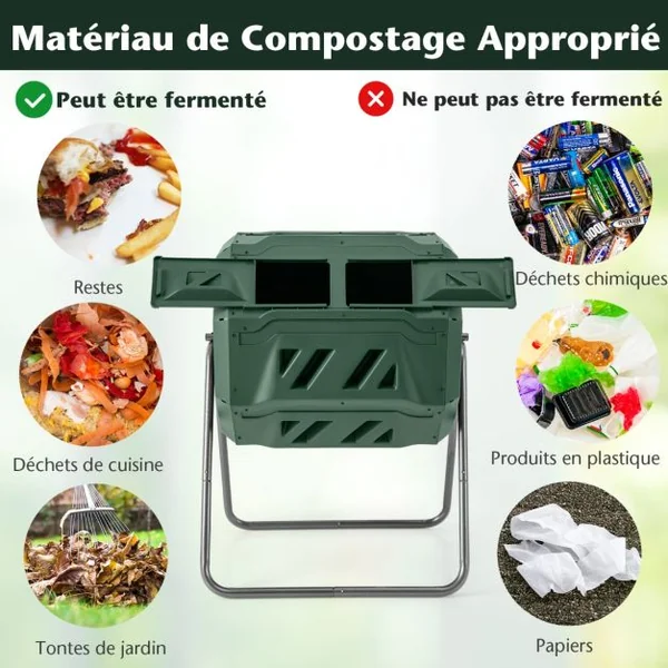 Composteur 160 L à Double Chambre Bac à Compost Cadre en Métal Rotatif 360° avec 2 Portes Coulissantes Trous Aération sans BPA Vert