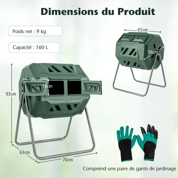 Composteur 160 L à Double Chambre Bac à Compost Cadre en Métal Rotatif 360° avec 2 Portes Coulissantes Trous Aération sans BPA Vert
