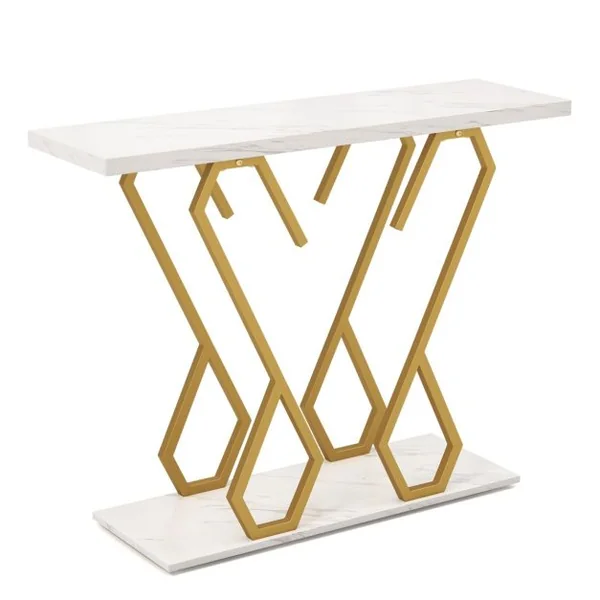 Console en Faux Marbre Table de Foyer Repose-pieds Réglables Kits Anti-basculement Cadre en Métal pour Le Salon Blanc et Doré