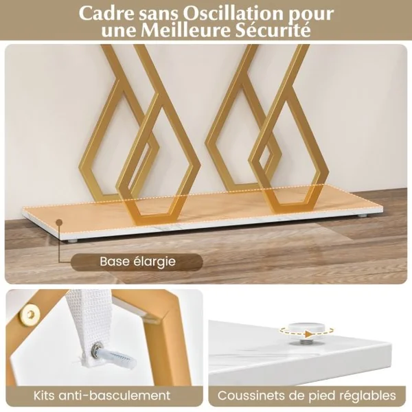 Console en Faux Marbre Table de Foyer Repose-pieds Réglables Kits Anti-basculement Cadre en Métal pour Le Salon Blanc et Doré