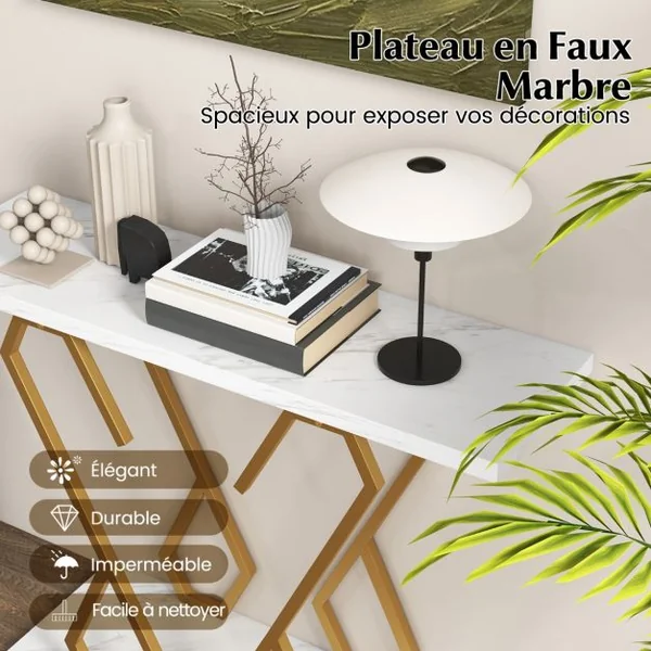 Console en Faux Marbre Table de Foyer Repose-pieds Réglables Kits Anti-basculement Cadre en Métal pour Le Salon Blanc et Doré