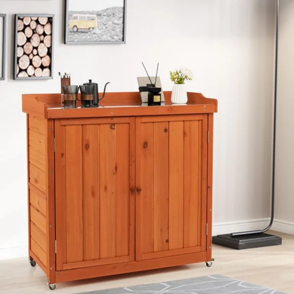 Costwy Rangement de Jardin Armoire en Bois Table de Jardinage avec Etagère Amovible 4 Roues Universelles Plateau en Acier Galvanisé