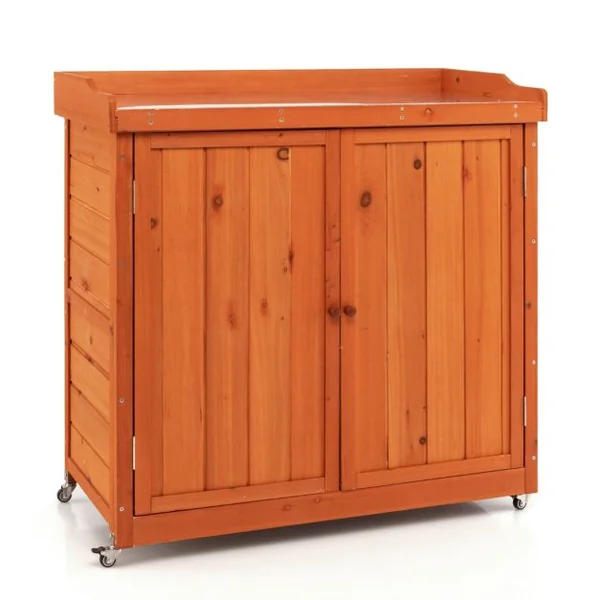 Costwy Rangement de Jardin Armoire en Bois Table de Jardinage avec Etagère Amovible 4 Roues Universelles Plateau en Acier Galvanisé