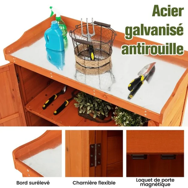Costwy Rangement de Jardin Armoire en Bois Table de Jardinage avec Etagère Amovible 4 Roues Universelles Plateau en Acier Galvanisé