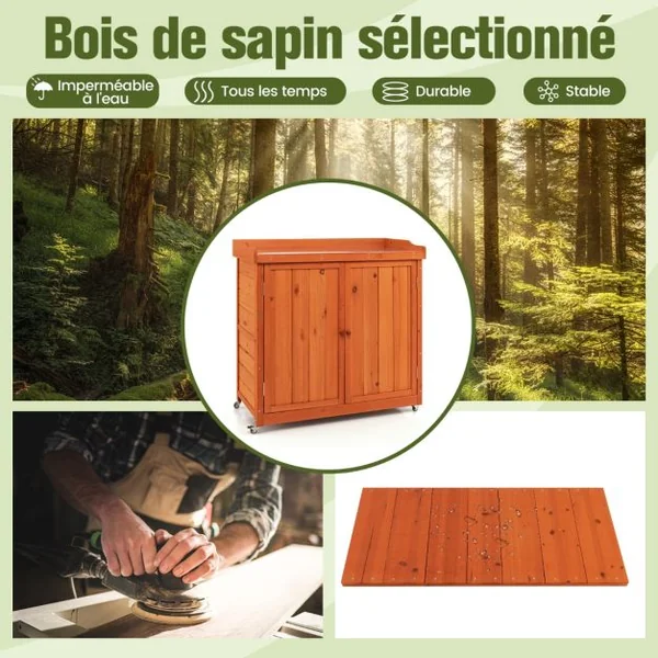 Costwy Rangement de Jardin Armoire en Bois Table de Jardinage avec Etagère Amovible 4 Roues Universelles Plateau en Acier Galvanisé