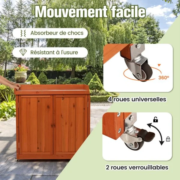 Costwy Rangement de Jardin Armoire en Bois Table de Jardinage avec Etagère Amovible 4 Roues Universelles Plateau en Acier Galvanisé