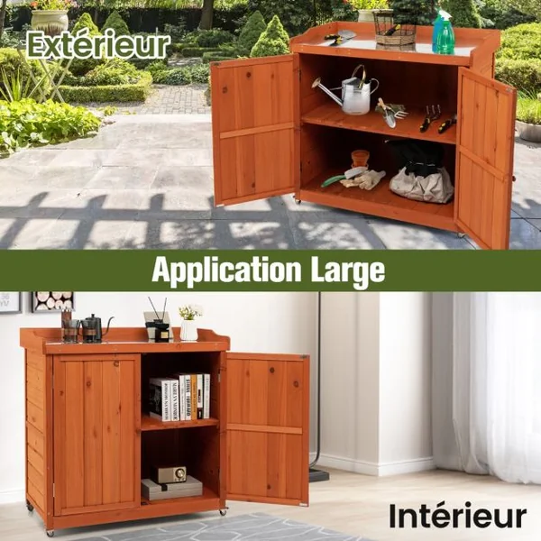 Costwy Rangement de Jardin Armoire en Bois Table de Jardinage avec Etagère Amovible 4 Roues Universelles Plateau en Acier Galvanisé
