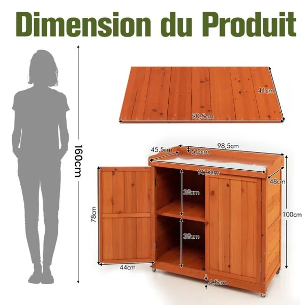 Costwy Rangement de Jardin Armoire en Bois Table de Jardinage avec Etagère Amovible 4 Roues Universelles Plateau en Acier Galvanisé