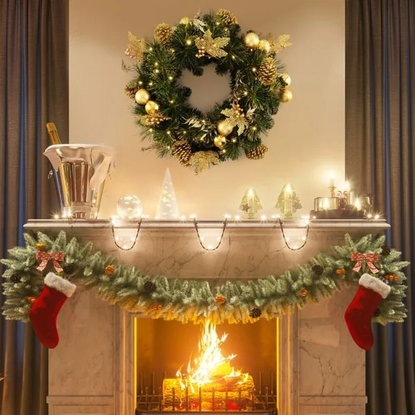 Couronne de Noël Artificielle Pré-éclairée Ø 60cm Décoration de Noël avec 35 Lumières LED Blanc Chaud