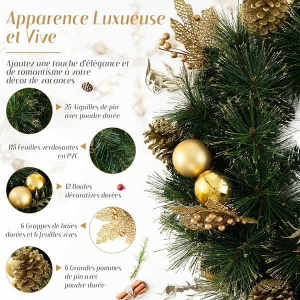 Couronne de Noël Artificielle Pré-éclairée Ø 60cm Décoration de Noël avec 35 Lumières LED Blanc Chaud