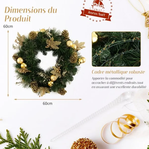 Couronne de Noël Artificielle Pré-éclairée Ø 60cm Décoration de Noël avec 35 Lumières LED Blanc Chaud