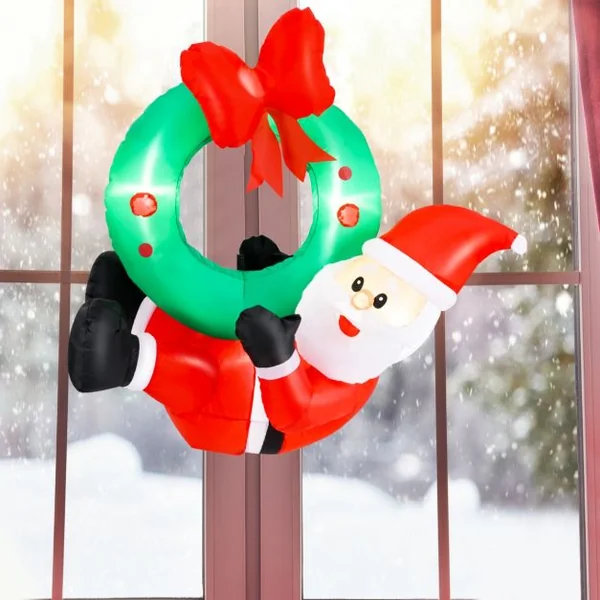 Couronne Gonflable de 120cm avec Père Noël Couronne Illuminé avec Nœud Rouge 5 Lumières LED Décoration de Fenêtre Multicolore
