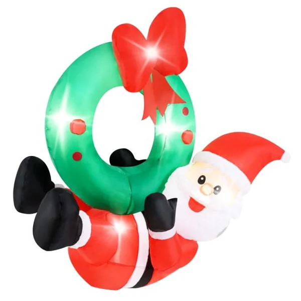 Couronne Gonflable de 120cm avec Père Noël Couronne Illuminé avec Nœud Rouge 5 Lumières LED Décoration de Fenêtre Multicolore