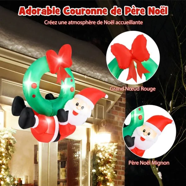 Couronne Gonflable de 120cm avec Père Noël Couronne Illuminé avec Nœud Rouge 5 Lumières LED Décoration de Fenêtre Multicolore