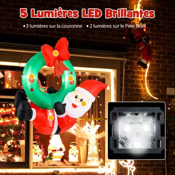 Couronne Gonflable de 120cm avec Père Noël Couronne Illuminé avec Nœud Rouge 5 Lumières LED Décoration de Fenêtre Multicolore