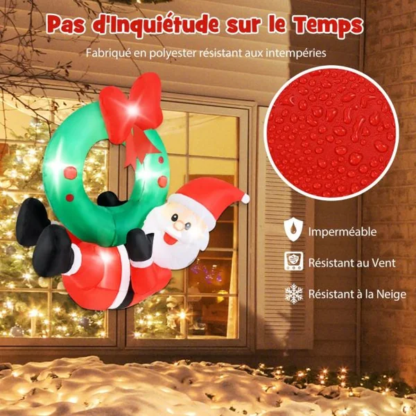 Couronne Gonflable de 120cm avec Père Noël Couronne Illuminé avec Nœud Rouge 5 Lumières LED Décoration de Fenêtre Multicolore