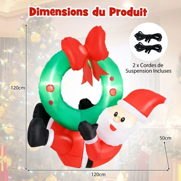Couronne Gonflable de 120cm avec Père Noël Couronne Illuminé avec Nœud Rouge 5 Lumières LED Décoration de Fenêtre Multicolore