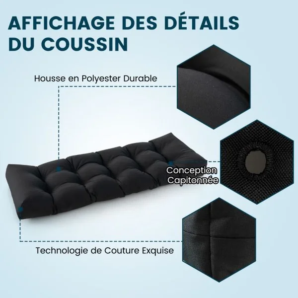 Coussin Banc Extérieur Intérieur 132x49x15 CM pour Bancs de Jardin Coussin Salon de Jardin Extérieur Coton PP Doux Matelas Noir