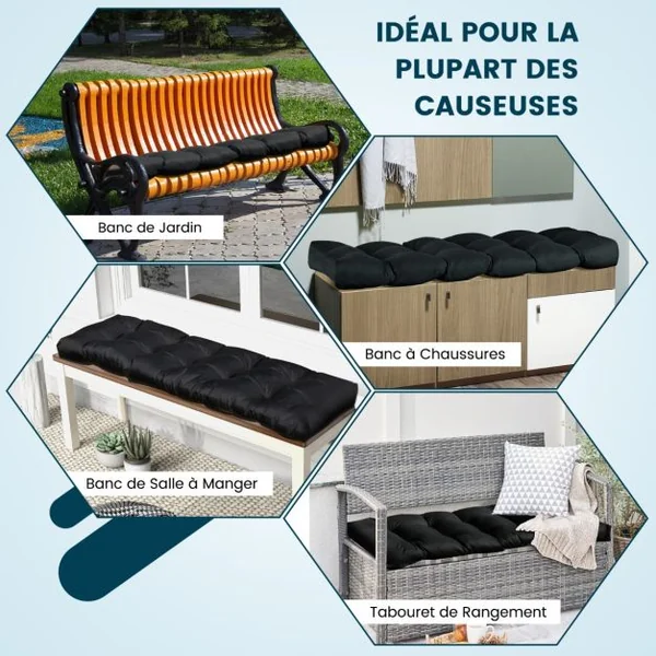 Coussin Banc Extérieur Intérieur 132x49x15 CM pour Bancs de Jardin Coussin Salon de Jardin Extérieur Coton PP Doux Matelas Noir