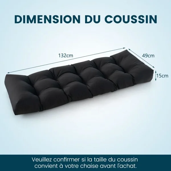 Coussin Banc Extérieur Intérieur 132x49x15 CM pour Bancs de Jardin Coussin Salon de Jardin Extérieur Coton PP Doux Matelas Noir