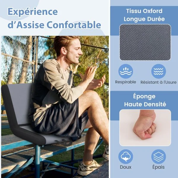 Coussin de Siège Siège de Stade Rembourré Support Dorsal et 6 Positions d'Inclinaison Chaise Pliable avec Poignée de Transport Gris
