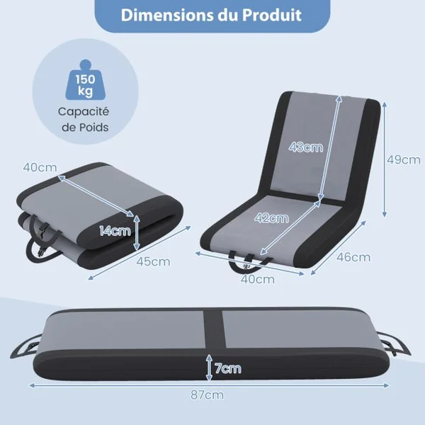 Coussin de Siège Siège de Stade Rembourré Support Dorsal et 6 Positions d'Inclinaison Chaise Pliable avec Poignée de Transport Gris