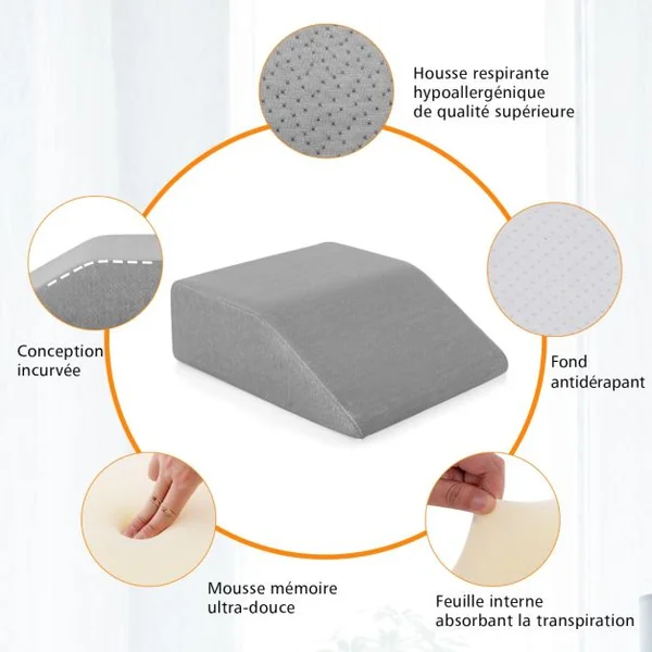 Coussin d’Élévation pour Jambes en Mousse à Mémoire de Forme avec Housse pour Soulager Douleurs de la Hanche et du Genou Blanc/Gris
