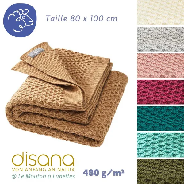 Couverture bébé en laine mérinos Bio - Maille nid d'abeille - DISANA