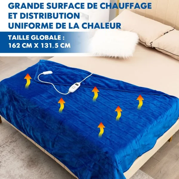 Couverture Chauffante 162x131,5 cm Minuterie 9 Heures Arrêt Automatique 9 Réglages de Chaleur Contrôleur en Flanelle Bleu