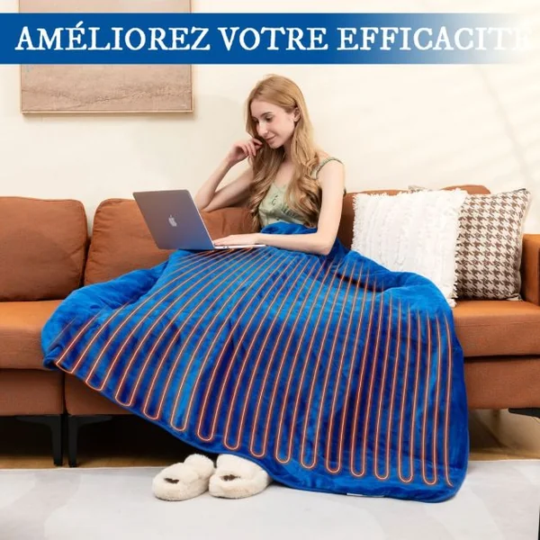 Couverture Chauffante 162x131,5 cm Minuterie 9 Heures Arrêt Automatique 9 Réglages de Chaleur Contrôleur en Flanelle Bleu
