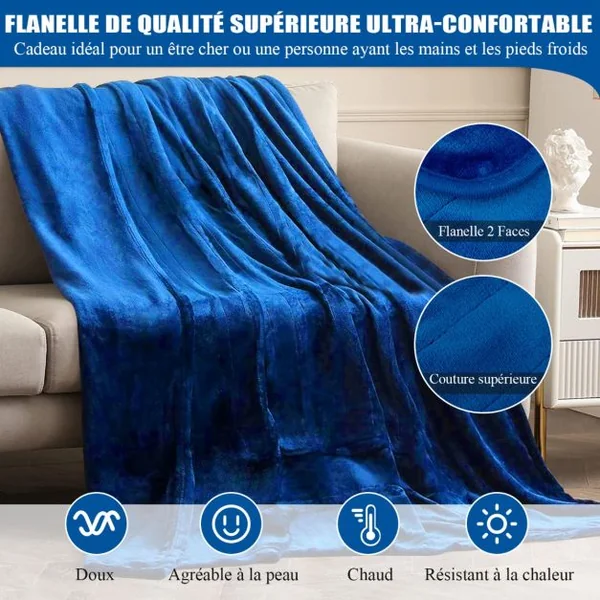 Couverture Chauffante 162x131,5 cm Minuterie 9 Heures Arrêt Automatique 9 Réglages de Chaleur Contrôleur en Flanelle Bleu