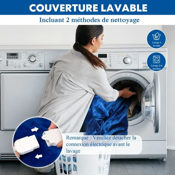 Couverture Chauffante 162x131,5 cm Minuterie 9 Heures Arrêt Automatique 9 Réglages de Chaleur Contrôleur en Flanelle Bleu