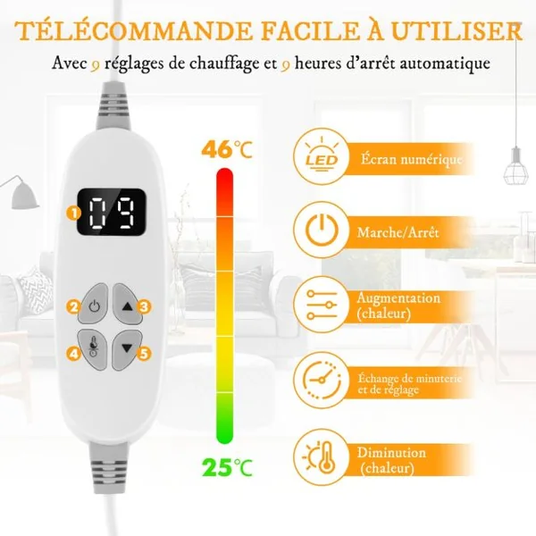 Couverture Chauffante Electrique avec Télécommande à Double Commande Réglages de Chaleur Minuterie 9 Heures Gris