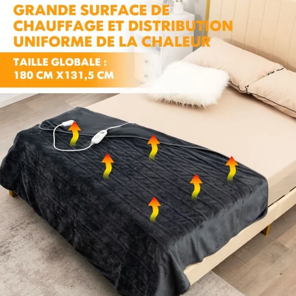 Couverture Chauffante Electrique avec Télécommande à Double Commande Réglages de Chaleur Minuterie 9 Heures Gris