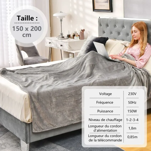 Couverture Chauffante Électrique 150x200cm 4 Niveaux de Chauffage Télécommande Minuterie D'arrêt Automatique 8H Lavable en Machine Rouge