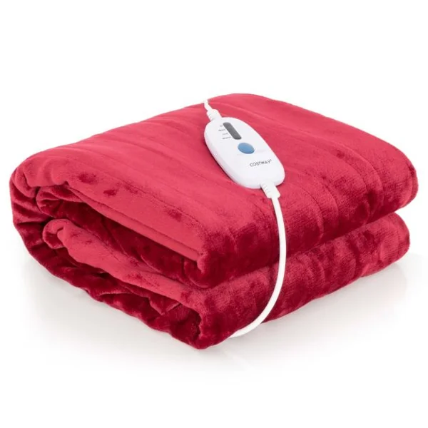 Couverture Chauffante Électrique 150x200cm 4 Niveaux de Chauffage Télécommande Minuterie D'arrêt Automatique 8H Lavable en Machine Rouge