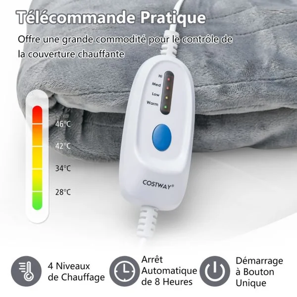 Couverture Chauffante Électrique 150x200cm 4 Niveaux de Chauffage Télécommande Minuterie D'arrêt Automatique 8H Lavable en Machine Rouge