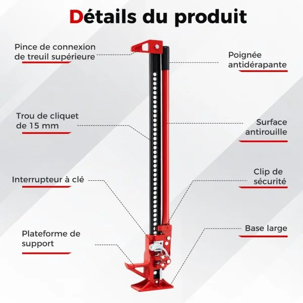 Cric Tout-Terrain à Cliquet 4x4 de 112cm Charge 3000KG Cric Agricole à Levage Elevé Hauteur de Levage Réglable de 15-112cm Rouge