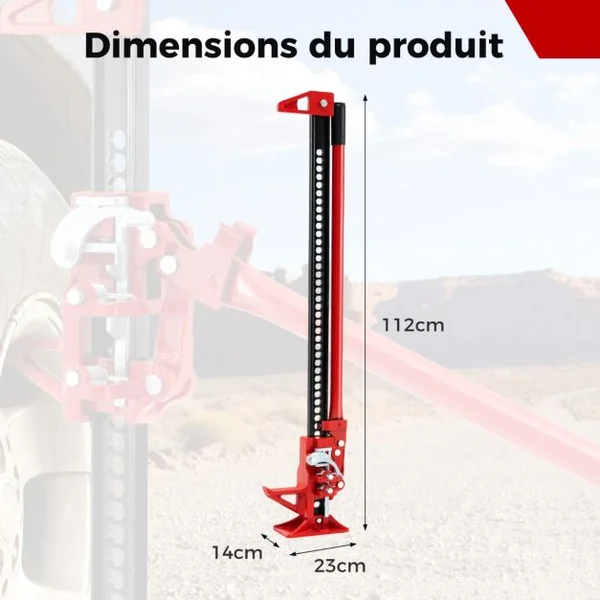 Cric Tout-Terrain à Cliquet 4x4 de 112cm Charge 3000KG Cric Agricole à Levage Elevé Hauteur de Levage Réglable de 15-112cm Rouge