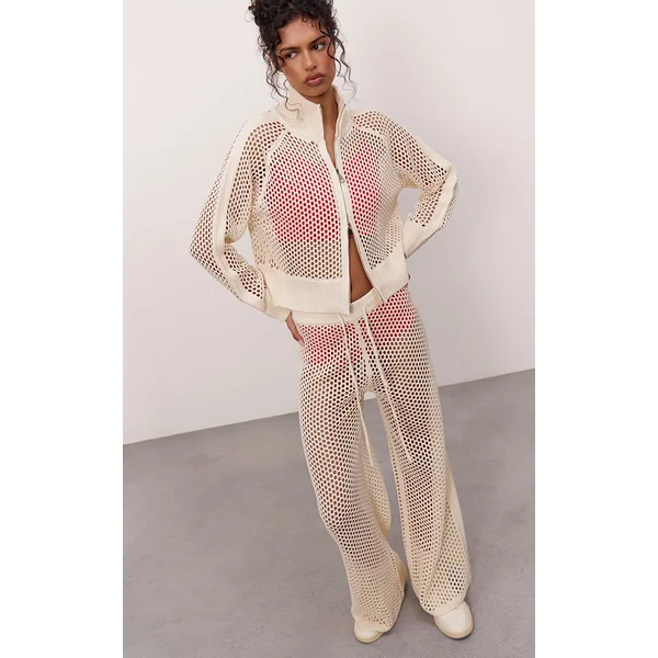 Crème Cardigan De Jogging En Maille Crochet Avec Détails Rayés
