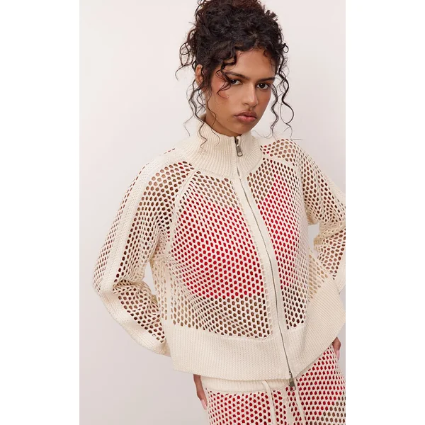 Crème Cardigan De Jogging En Maille Crochet Avec Détails Rayés
