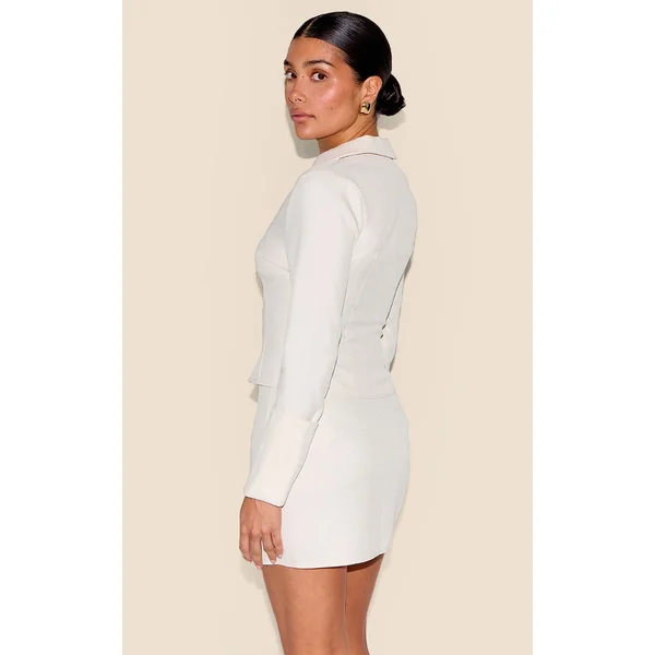 Crème Chemise Asymétrique Boutonnée Texturée Tissée Petite