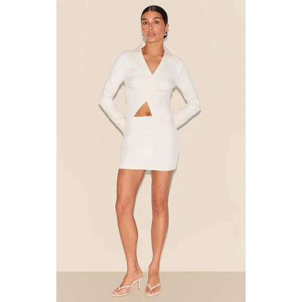 Crème Chemise Asymétrique Boutonnée Texturée Tissée Petite