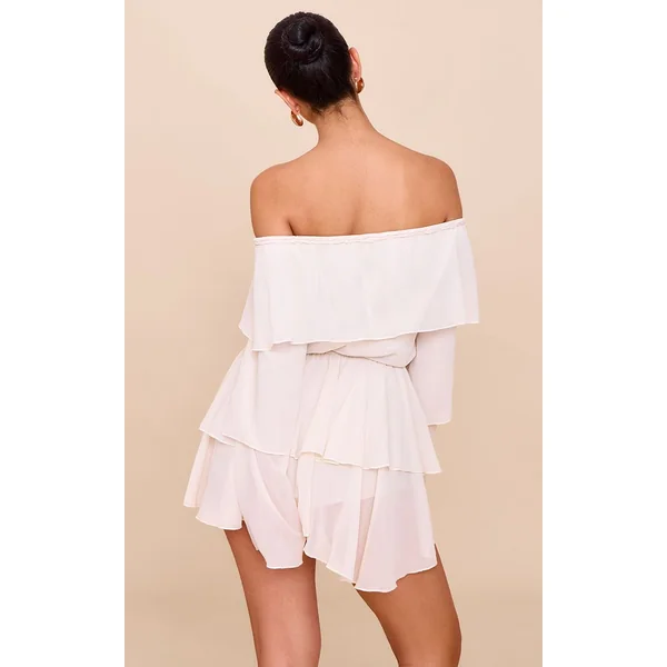 Crème Combishort En Mousseline À Manches Longues Avec Détails À Volants