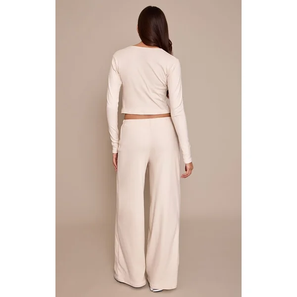 Crème Ensemble Coordonné Pantalon Toucher Doux À Taille Élastiquée