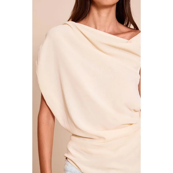 Crème Haut Long Drapé Asymétrique En Mousseline