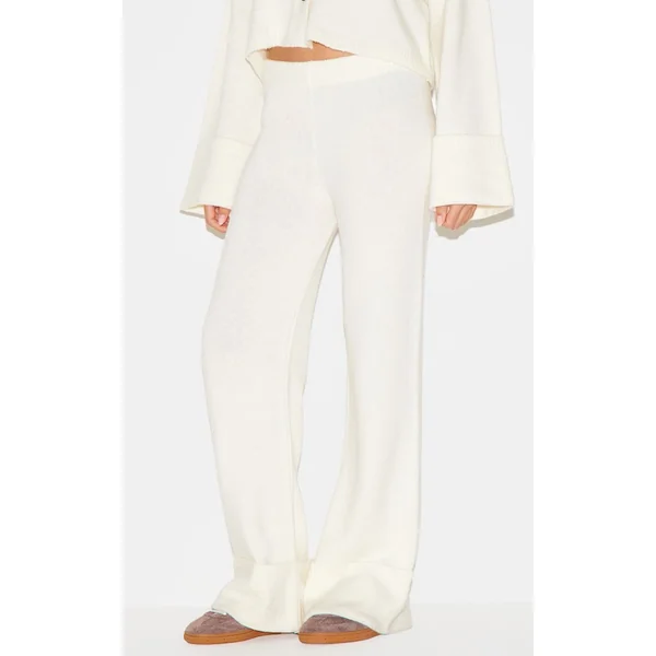 Crème Pantalon En Maille À Ourlet Retroussé